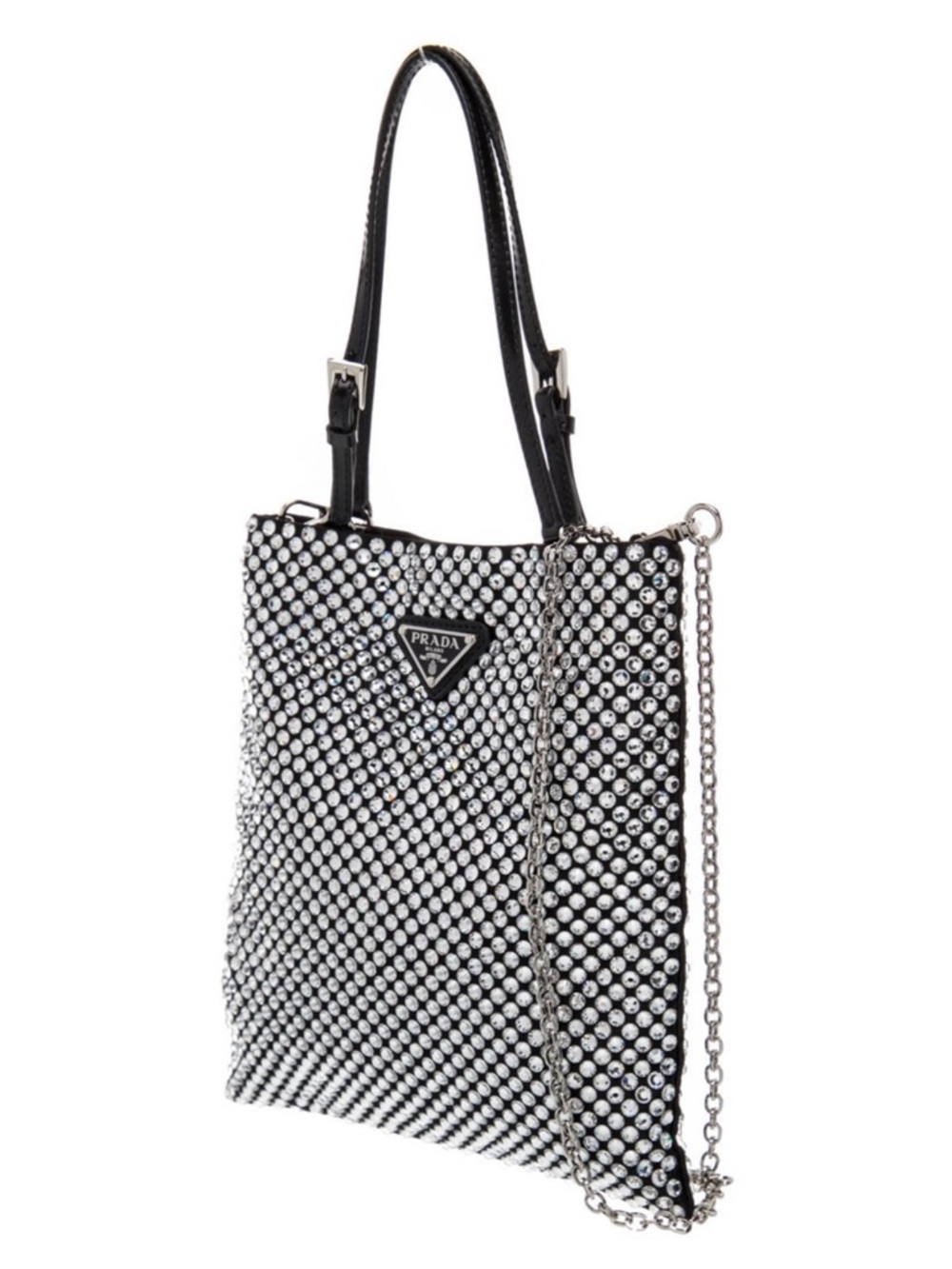 Prada Crystal Rhinestone Top Handle Mini Bag Black Satin Triangle Logo - Picture 3 of 6